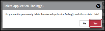 Delete Application Findings - Delete Application Findings Window
